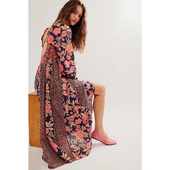 New Free People A New Way Maxi Dress in Navy Combo Size Medium - Picture 2 of 9